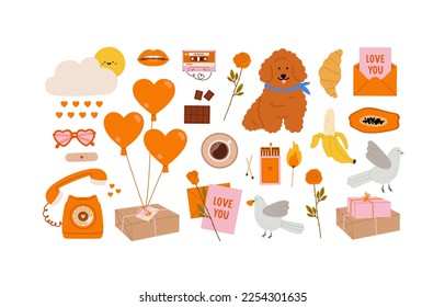 Valentinstag-Elemente gesetzt. Romantische Objekte. Süßigkeiten, Geschenkbox, Ballons, Rose, Telefon, Hund, Vogel, Liebesbrief, Matchbox. Konzept des Valentinstag, Romantik, Geschenke, Liebe. 