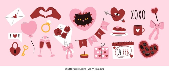 Valentine's day elements set. Romantic stickers. Cat, hearts, ribbon, candy, lock, gift, love letter, candle.