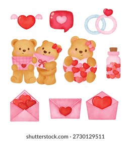 Elementos del día de San Valentín Un conjunto de osos de peluche sosteniendo corazones y globos. Un oso sostiene una botella