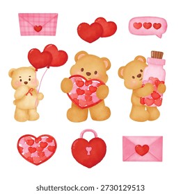 Elementos del día de San Valentín Un conjunto de osos de peluche sosteniendo corazones y globos. Un oso sostiene una botella