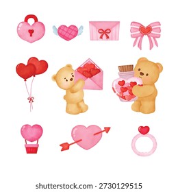Elementos del día de San Valentín Un conjunto de osos de peluche sosteniendo corazones y globos. Un oso sostiene una botella