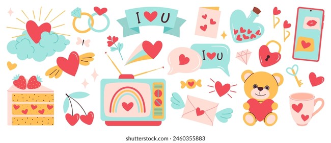 Set de Elementos de San Valentín. TV, anillos, corazón, pastel, oso, sobre, postre, teléfono, nube, dulces y otras decoraciones. Concepto de boda y amor de estilo de dibujos animados perfecto para pegatinas, tarjetas de felicitación