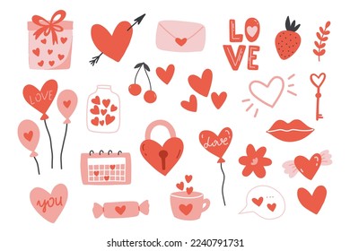 Valentine's day  elements set.Hearts, cup, flowers, kiss,and gift boxes.