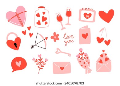 Conjunto de elementos del día de San Valentín. Corazones, taza, flores, beso y cajas de regalo.