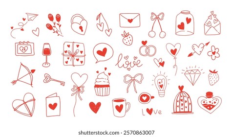 Valentine's day  elements set.Hearts, cup, flowers, kiss,and gift boxes.line art