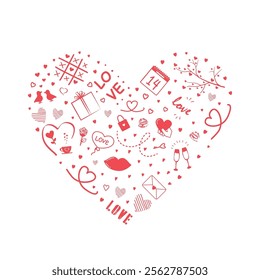 Valentine's Day Elements in Shape of Heart. Happy Valentines Day Banner. Holiday Design Element. Vector in Red on White Background