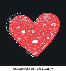 Valentine's Day Elements in Shape of Heart. Happy Valentines Day Banner. Holiday Design Element. Vector in Red, White on Black Background