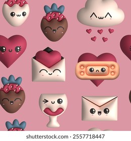Valentine's day elements. Strawberry, cloud, heart, envelope, wine glass. Cute funny kawaii characters with faces. 3D cartoon style. Hand drawn Vector illustration. Square seamless Pattern, background