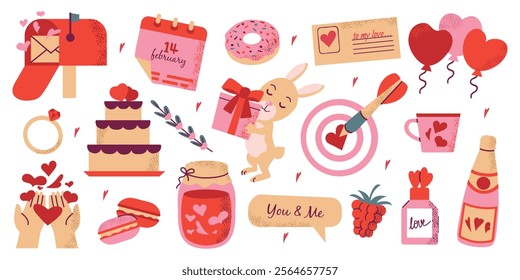 Valentine's Day elements symbols stickers set collection. Cute sweets and drinks, rabbit, wedding ring, gifts and decor