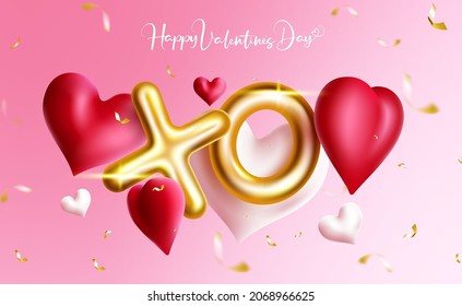 Valentines day elements vector design. Valentine's day surprise greeting elements with gold balloons, hearts and confetti decoration in pink background for elegant celebration. Vector illustration.
