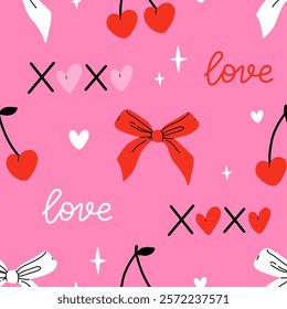 Valentines day elements vector seamless pattern. Gifts, envelope, heart, dessert, messages, candies, locks and other traditional decorations. Cartoon doodle style.
