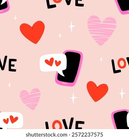 Valentines day elements vector seamless pattern. Gifts, envelope, heart, dessert, messages, candies, locks and other traditional decorations. Cartoon doodle style.