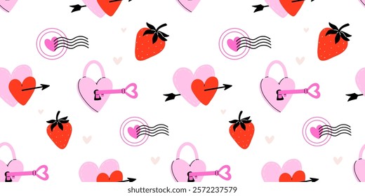 Valentines day elements vector seamless pattern. Gifts, envelope, heart, dessert, messages, candies, locks and other traditional decorations. Cartoon doodle style.