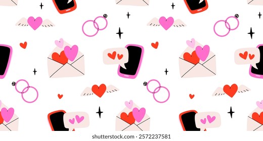 Valentines day elements vector seamless pattern. Gifts, envelope, heart, dessert, messages, candies, locks and other traditional decorations. Cartoon doodle style.
