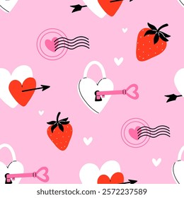 Valentines day elements vector seamless pattern. Gifts, envelope, heart, dessert, messages, candies, locks and other traditional decorations. Cartoon doodle style.
