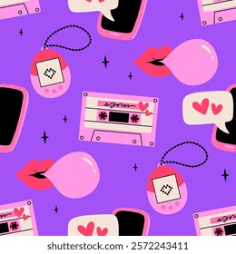 Valentines day elements vector seamless pattern. Gifts, envelope, heart, dessert, messages, candies, locks and other traditional decorations. Cartoon doodle retro 90s 00s style.