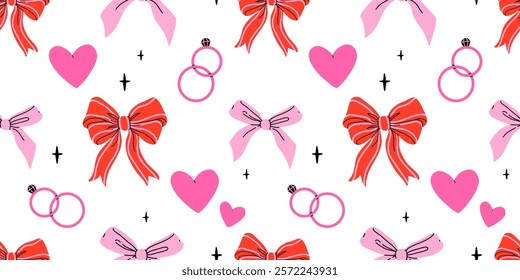 Valentines day elements vector seamless pattern. Gifts, envelope, heart, dessert, messages, candies, locks and other traditional decorations. Cartoon doodle style.