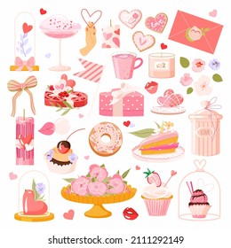 Valentine's day elements vector set. Gift, heart, drink, kiss, key, rose, candy, and others for planner, love letter or diary. Sticker cartoon flat style. Romantic cute illustration