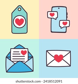 Valentines day elements vector set. Gifts, hearts, envelopes, desserts, locks and other traditional decorations. Cartoon style illustrations.