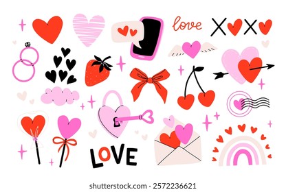 Valentines day elements vector set. Gifts, envelope, heart, dessert, messages, candies, locks and other traditional decorations. Cartoon style. Perfect for stickers and greeting cards.