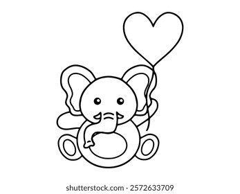 Valentines Day Elephant Holding Balloon Line Art