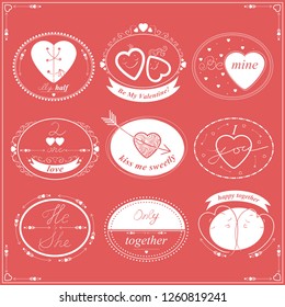 Valentine's Day emblems, labels and badges set.Decorative elements isolated on red.Vector design elements for greeting card, poster, flyer, banner.