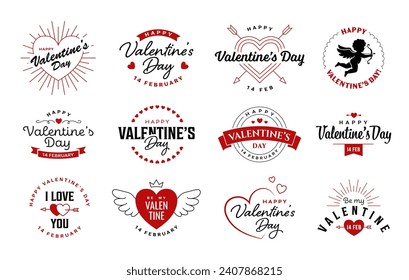 Valentine's Day emblems, logos and labels set. 14 February greeting card or banner design. Love and romance symbols collection.