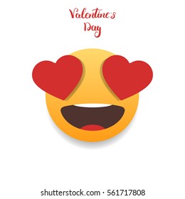 Valentines Day emoticon. Emoji with hearts eyes. Cartoon flat character
