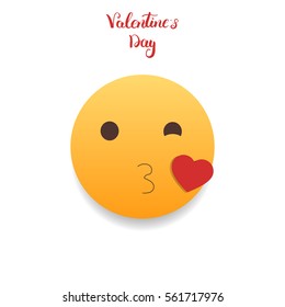 Valentines Day emoticon. Emoji winking and kiss. Cartoon flat character.