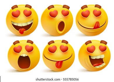 Valentines Day Emoticon Icons, Love Emoji Set, Isolated On White Background, Vector Illustration.