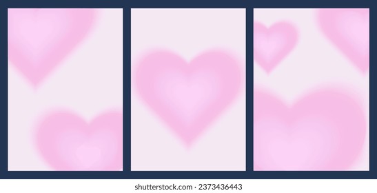 Valentine's Day empty background set in trendy y2k aesthetic, covers, vertical banners, flyers with blurred gradient hearts, vector illustration.