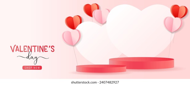 Valentinstag leere minimale Display Podium Dekoration Hintergrund mit Papier Herzen. Valentinstag Werbebanner. Vektorgrafik
