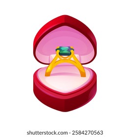 Valentines day engagement ring gleaming with green gemstone. Cartoon vector luxury jewelry item nestled in an elegant, velvet, red, heart shaped open box, symbol of love and promise lifetime together