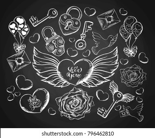 Valentines Day Engravind Set with Envelope, Hear, Wings, Dove and Rose. Sketch Envelope with Sealing Wax and Keys with Latch. Outline or Contour Clipart Drawing. Vector Isolated Vintage Illustration.