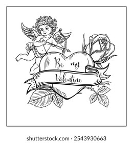 Valentine's Day engraving postcard. Black line art, angel cupid with rose.