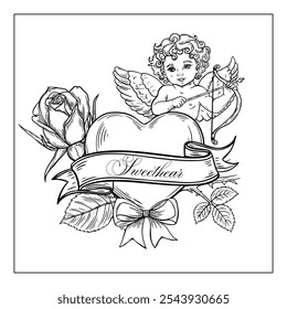 Valentine's Day engraving postcard. Black line art, angel cupid with rose.