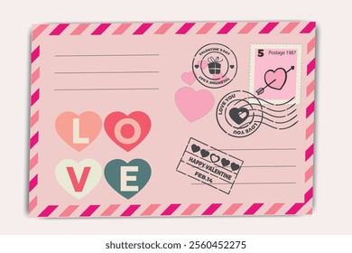 Valentine's day envelope design with heart shapes, postage stamps, and love typography. Minimal Valentine`s Day card. Romantic love letter