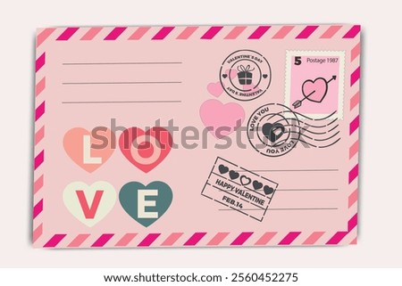 Valentine's day envelope design with heart shapes, postage stamps, and love typography. Minimal Valentine`s Day card. Romantic love letter