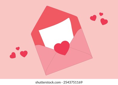Valentines Day envelope with heart and love letter on pink background. Happy Valentines card.