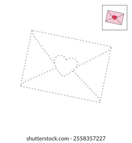 Valentines day envelope with heart shape vector. Love letter with heart shape for valentine's day. Envelope with heart romantic. Envelope with heart coloring page for valentine day theme printable. 