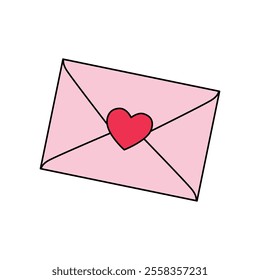 Valentines day envelope with heart shape vector. Love letter with heart shape for valentine's day. Envelope with heart romantic. Envelope with heart coloring page for valentine day theme printable. 