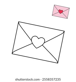 Valentines day envelope with heart shape vector. Love letter with heart shape for valentine's day. Envelope with heart romantic. Envelope with heart coloring page for valentine day theme printable. 
