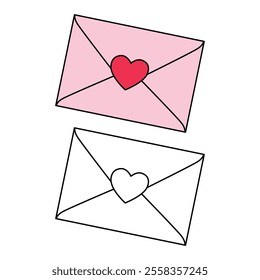 Valentines day envelope with heart shape vector. Love letter with heart shape for valentine's day. Envelope with heart romantic. Envelope with heart coloring page for valentine day theme printable. 