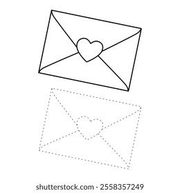 Valentines day envelope with heart shape vector. Love letter with heart shape for valentine's day. Envelope with heart romantic. Envelope with heart coloring page for valentine day theme printable. 