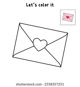 Valentines day envelope with heart shape vector. Love letter with heart shape for valentine's day. Envelope with heart romantic. Envelope with heart coloring page for valentine day theme printable. 