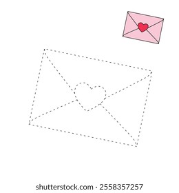 Valentines day envelope with heart shape vector. Love letter with heart shape for valentine's day. Envelope with heart romantic. Envelope with heart coloring page for valentine day theme printable. 