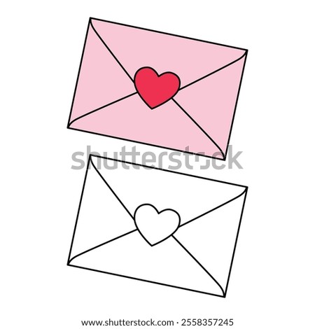 Valentines day envelope with heart shape vector. Love letter with heart shape for valentine's day. Envelope with heart romantic. Envelope with heart coloring page for valentine day theme printable. 