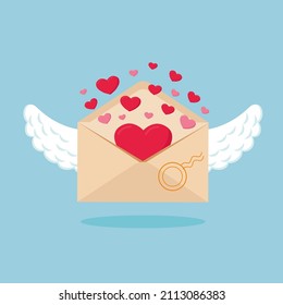 Valentine's Day envelope with hearts with wings, greeting card in cartoon style on a blue background.