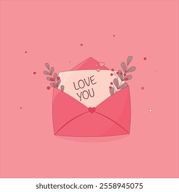 Valentine's Day envelope with a love letter and floral details. Flat style illustration with soft pink background. Perfect for greeting cards, romantic designs, and digital projects.