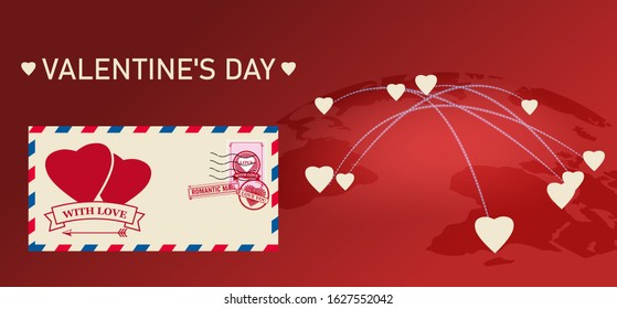 Valentines day Envelope mail hearts post stamps, map Earth delivery letters. Vector isolated illustration template